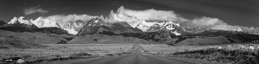 panoramic of Fitz Roy mountain in black and white