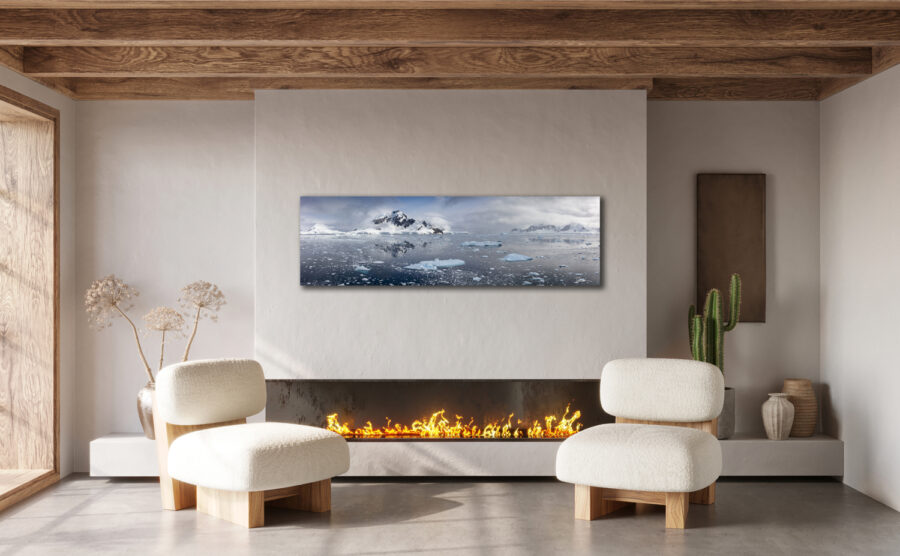 large unframed panoramic fine art print of Antarctica displayed in the living room of luxury house