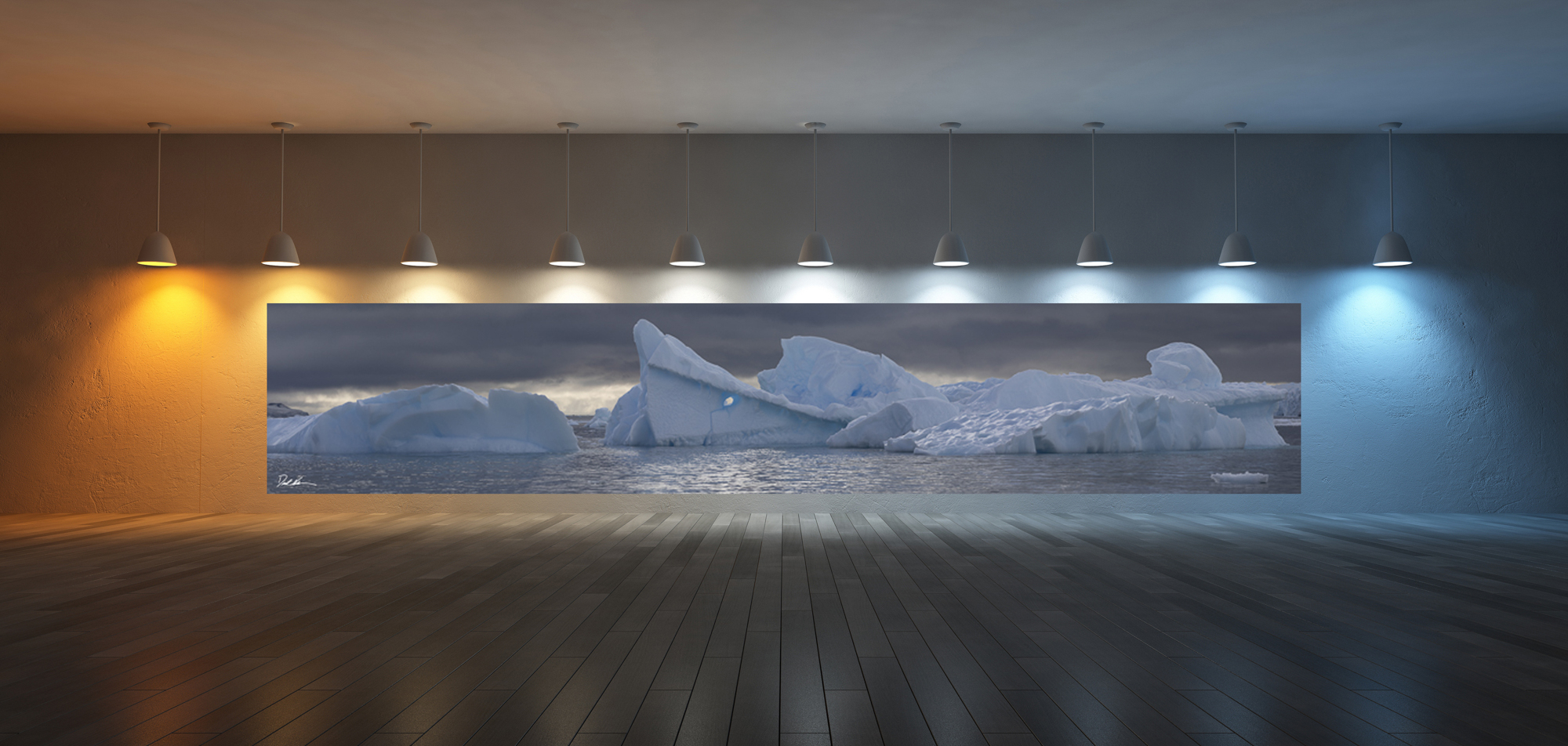 Very large panoramic image of icebergs in Antarctica displayed in a gallery with transitional spectrum of light upon it ranging from red on the left to changing to blue on the right