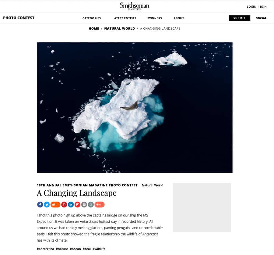 Award winning image of seal on iceberg in Antartica featured by the Smithsonian Magazine