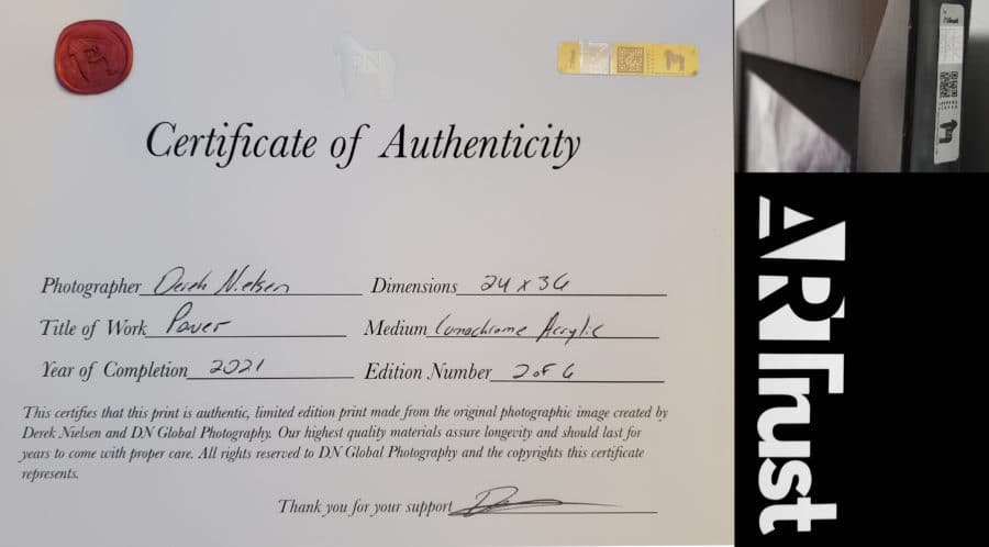 Derek Nielsen Photography certificate of authenticity 