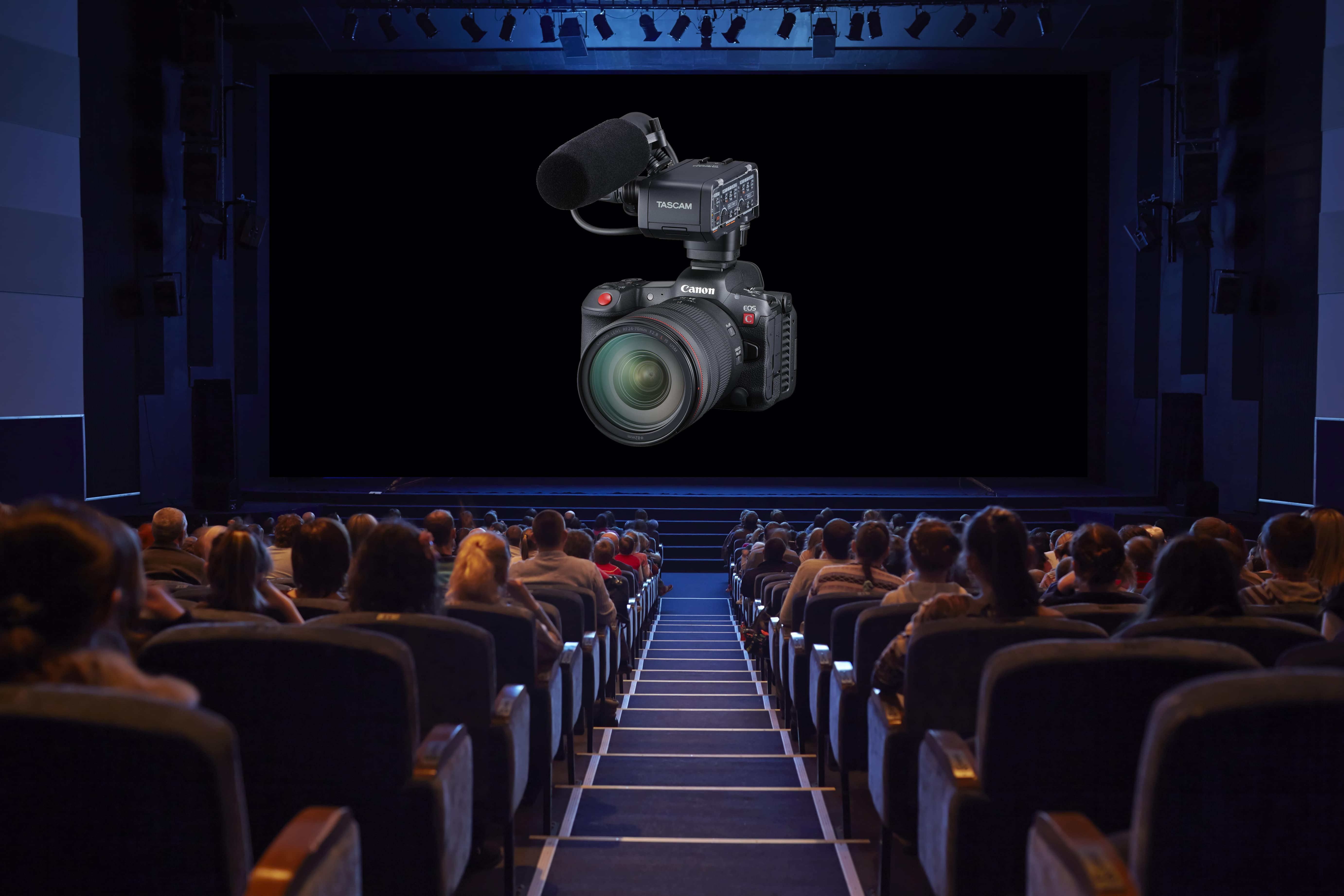 image of new Canon EOS R5 C camera being shown in a crowded movie theatre on the screen