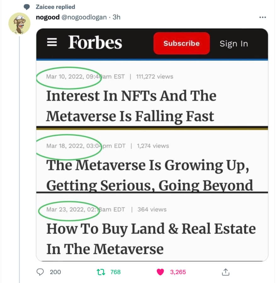 twitter collection by Forbes with several headlines about NFTs