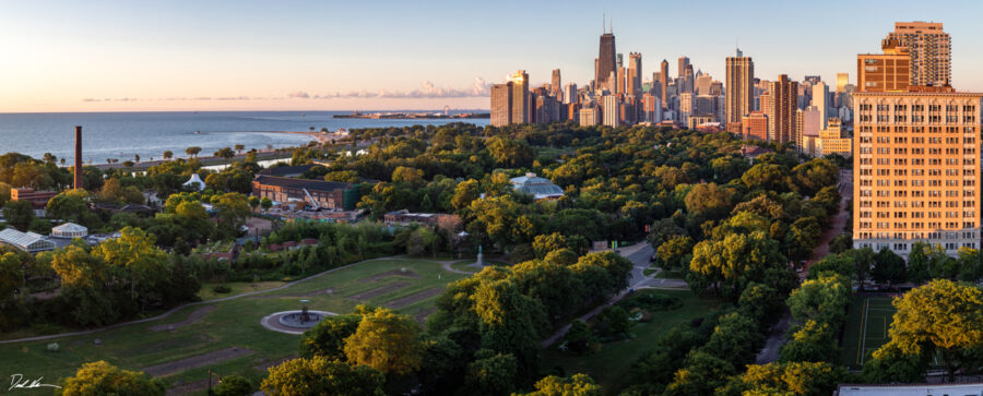 panoramic image of Lincoln Park in Chicago photographed from the Belden Stratford during sunrise