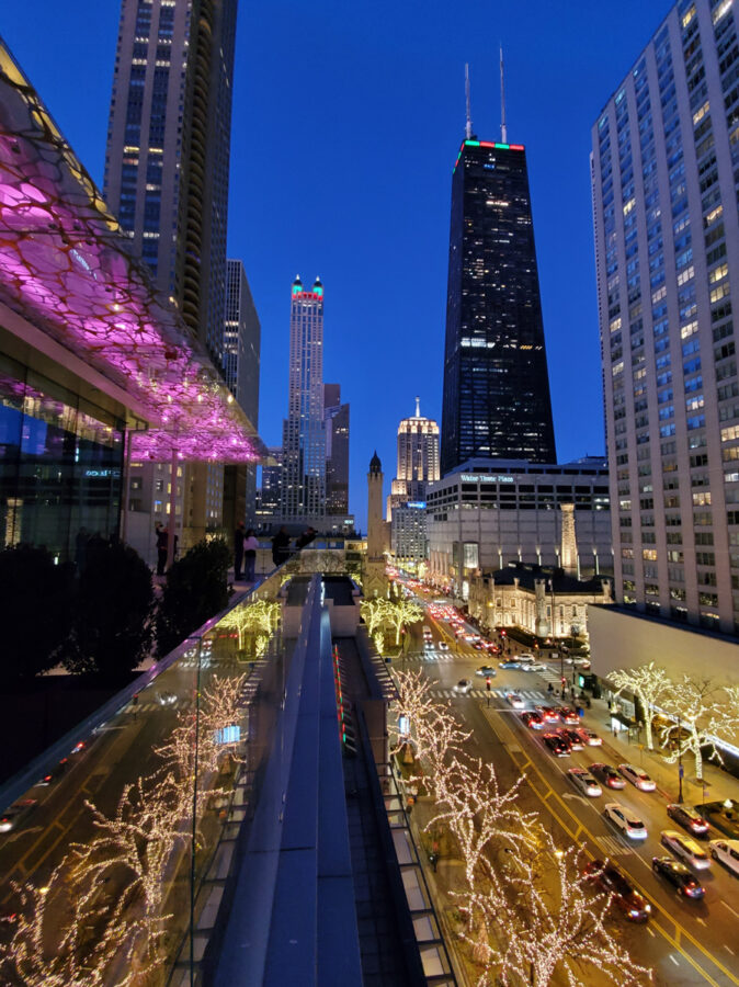 image of the magnificent mile in Chicago during Christmas taken from the Peninsula Hotel