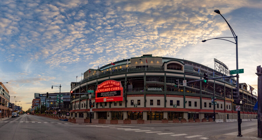 panoramic image of Chicago Cub's Wrigley Field taken at sunrise