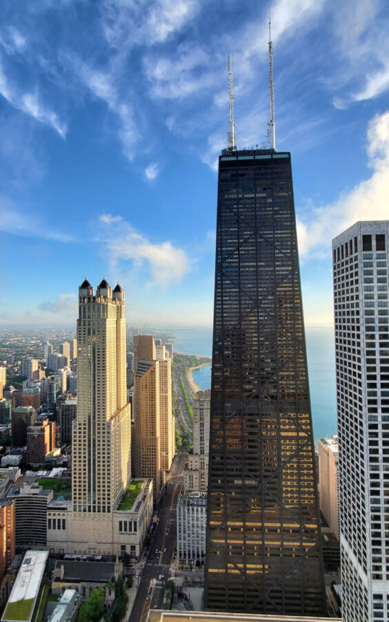vertical shot of the John Hancock building in Chicago on the Magnificent Mile