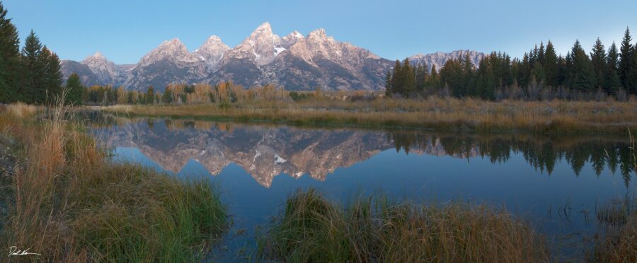 Image of the Grand Tetons taken from Schwabacher Landing in the early dawn