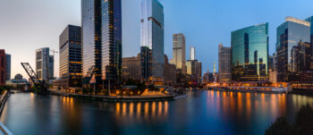 Photo from Wolf Point in Chicago facing east during sunset on the Chicago River