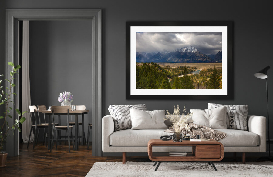 large framed fine art print of the Snake River Overlook in the Teton National Park displayed in a modern home