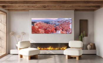 Large unframed fine art print of Bryce Canyon displayed in the living room of luxury home