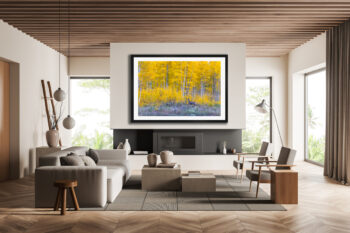 Large framed fine art print of a deer in front of aspen trees near Telluride, Colorado displayed in the living room of a luxury home