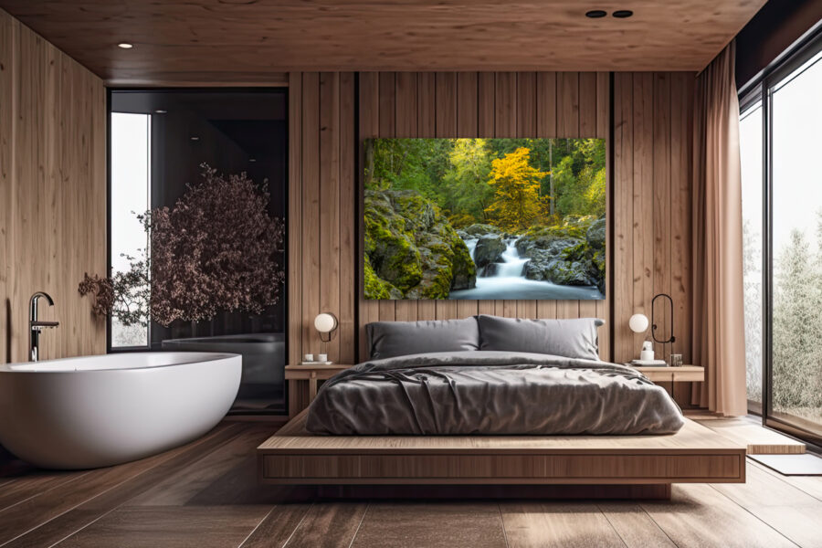 Large unframed fine art print of a waterfall in Sol Doc Olympic National Park during fall displayed in the bedroom of a luxury hotel