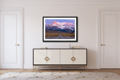 framed fine art print of the mountains in Patagonia displayed in a luxury home