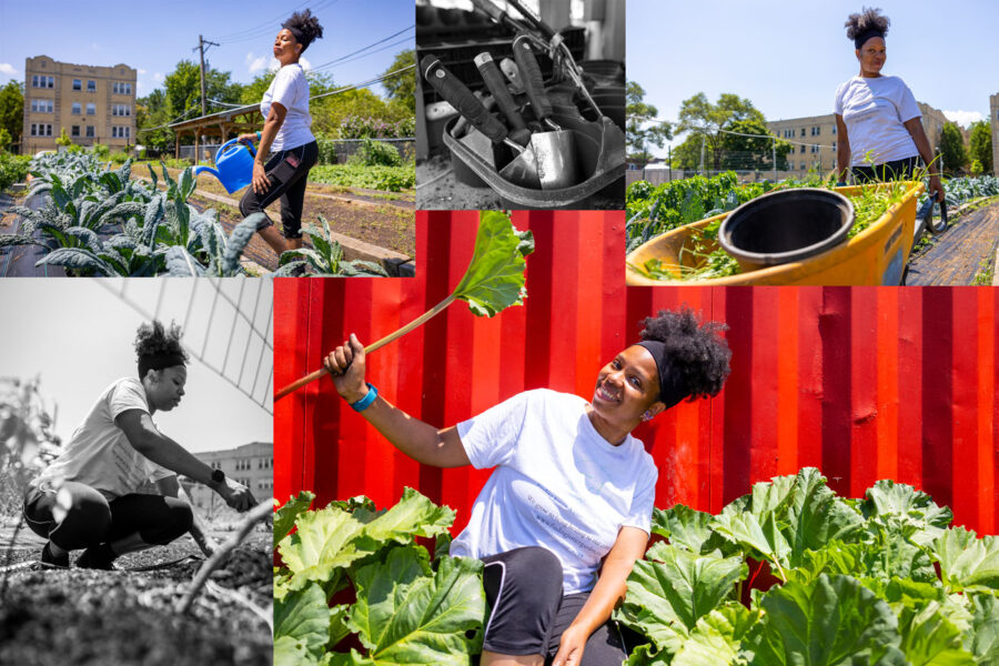 collage of a woman in a urban garden working and being playful for the camera