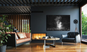 Large unframed fine art print of a killer whale in black and white displayed in the living room of a luxury home