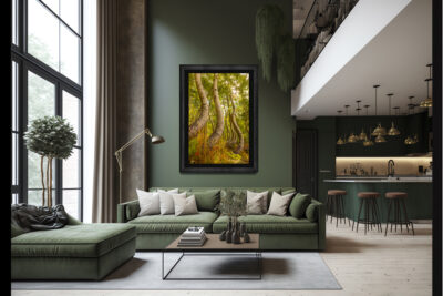 Extra large framed fine art print of curvy aspen trees in Telluride Colorado displayed in the living room of a modern home