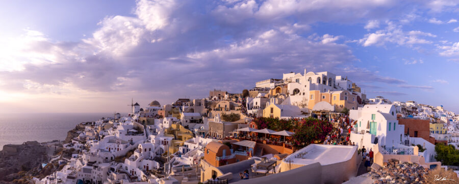 Large photographic image of Oia in Santorini Greece at sunset