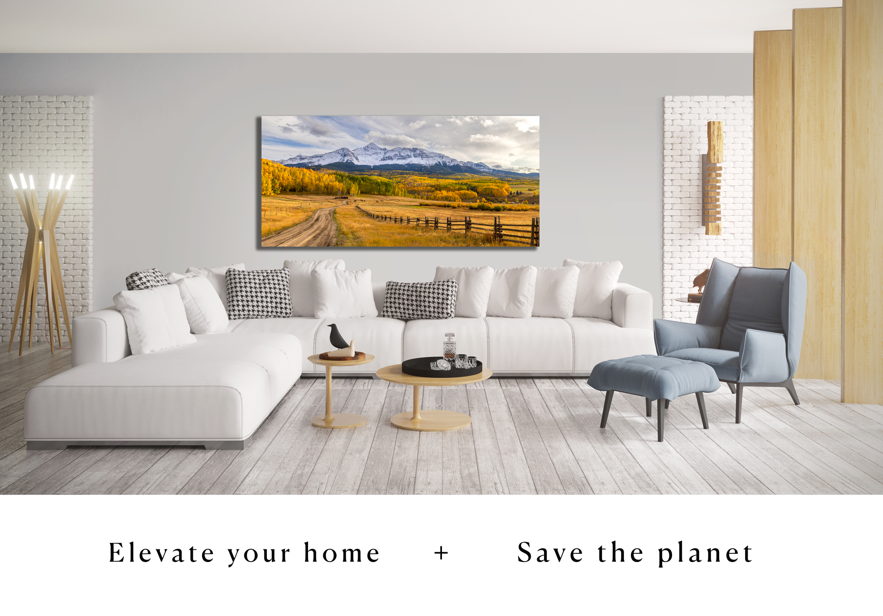 Large unframed fine art print of Mount Wilson near Telluride Colorado displayed in a modern home showing how one can decorate their home and save the planet