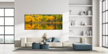 Large unframed fine art print of golden leaving on trees reflecting on a lake displayed in the living room of a modern home