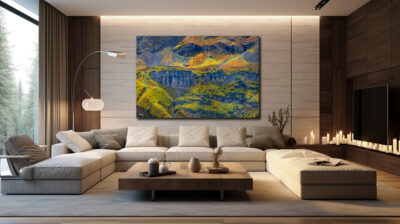 Extra large fine art abstract print of the colors in a mountain during fall displayed in the living room of a mountain luxury home