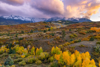 image of the San Juan Mountians during sunset with beautiful fall colors in the trees