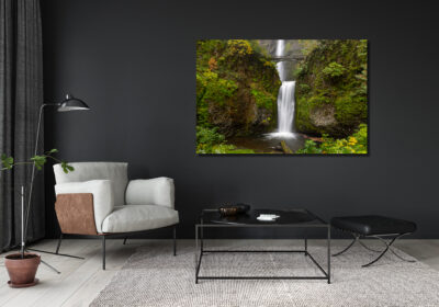 large unframed fine art print of a waterfall in oregon displayed in a modern home