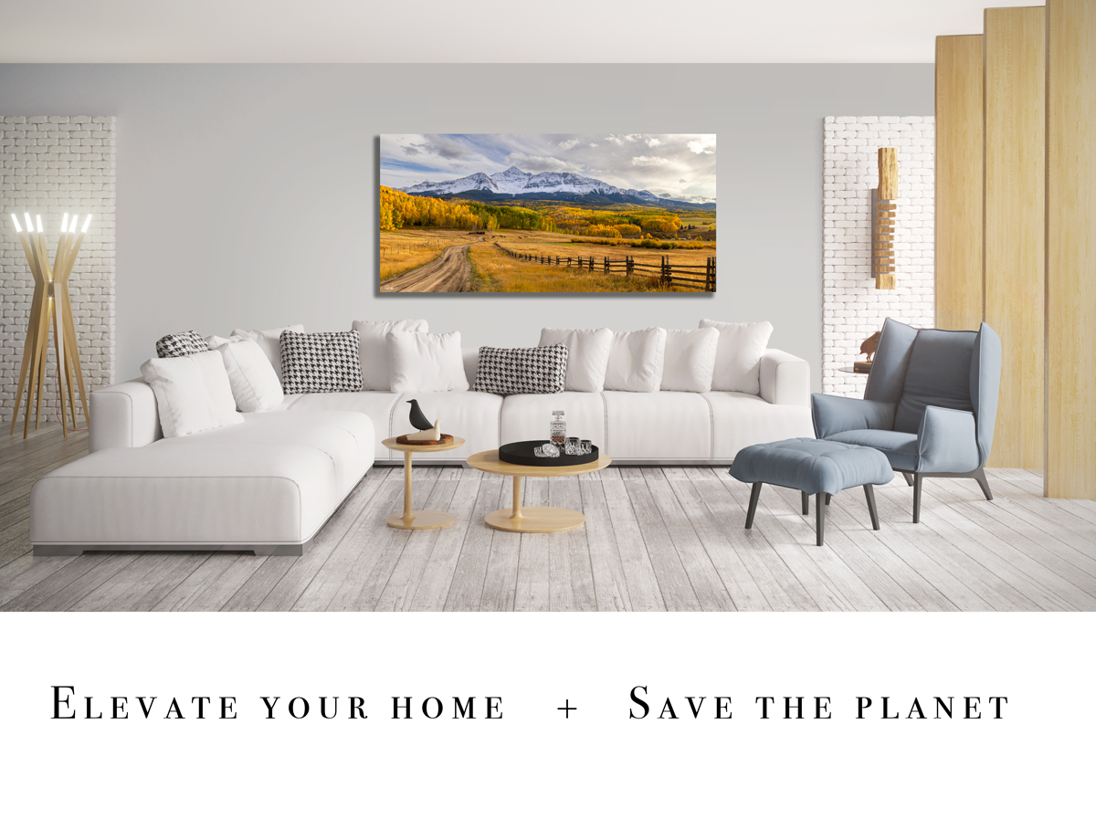 Large unframed fine art print of Mount Wilson near Telluride Colorado displayed in a modern home showing how one can decorate their home and save the planet