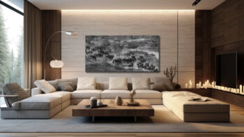 Large unframed fine art print of wildebeest crossing the Mara River in Tanzania displayed in the living room of a luxury home