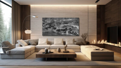 Large unframed fine art print of wildebeest crossing the Mara River in Tanzania displayed in the living room of a luxury home