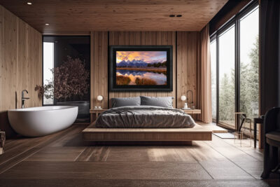 Image of a large framed fine art print of the Grand Tetons at sunset displayed in the bedroom of a luxury hotel.