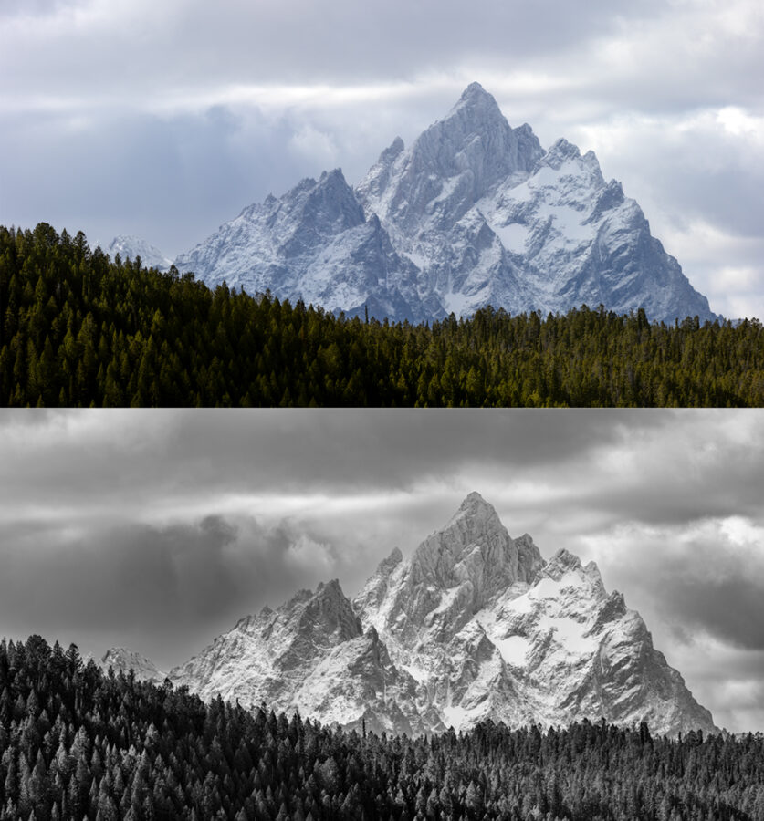 An example of the grand tetons being converted to a black and white image 