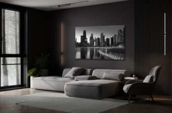 Black and white fine art photo of chicago displayed in a luxury apartment