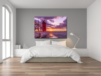 Large unframed fine art photograph displayed in a modern luxury bedroom